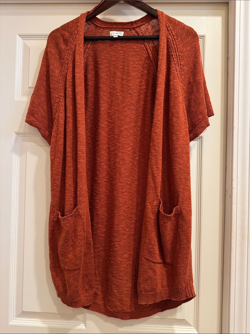 Long, Lightweight Medium Open-Front Short-Sleeve Cardigan in Autumn Orange